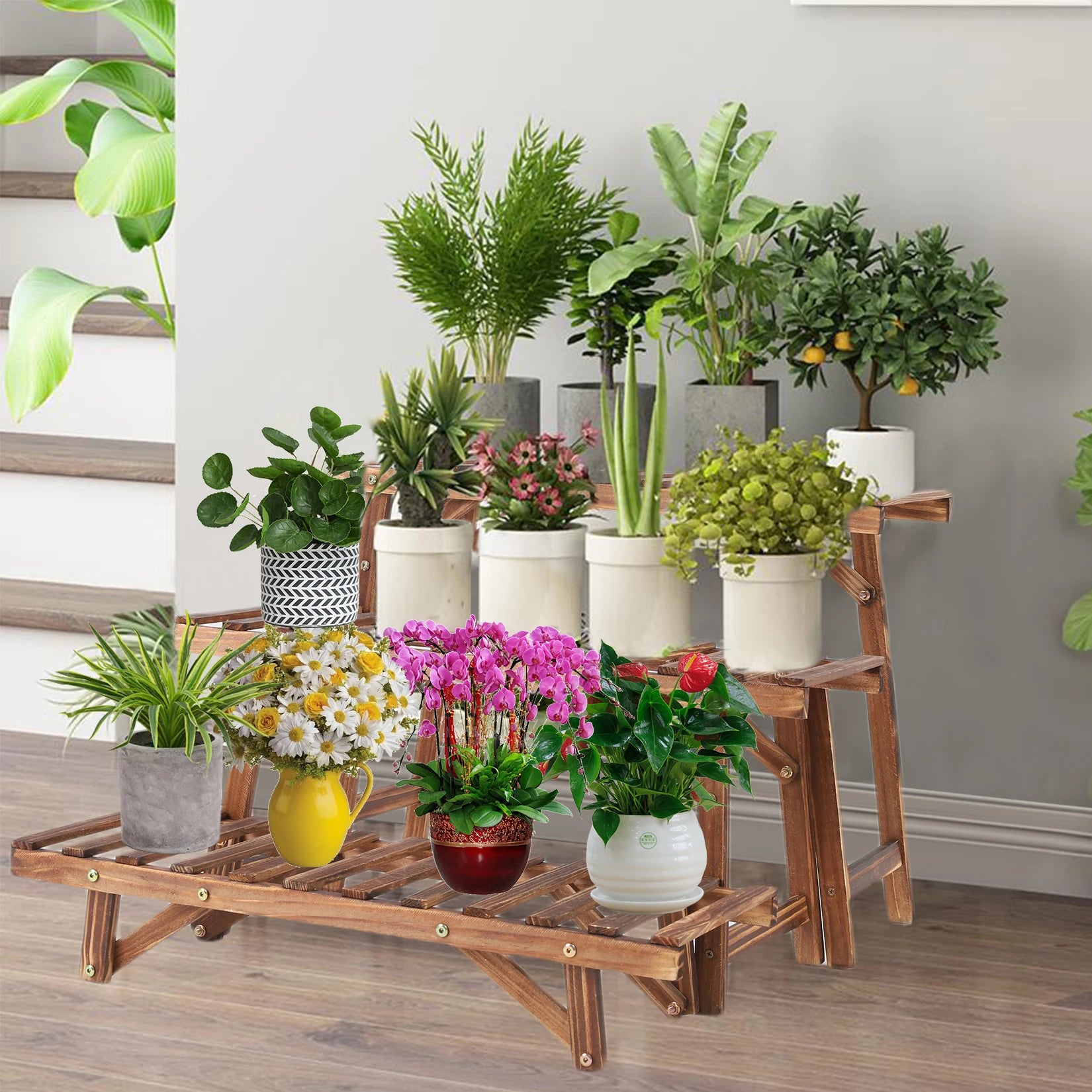dark wood plant stand indoor 3-Piece Wooden Plant Stand Set – Pine (Dark Brown)