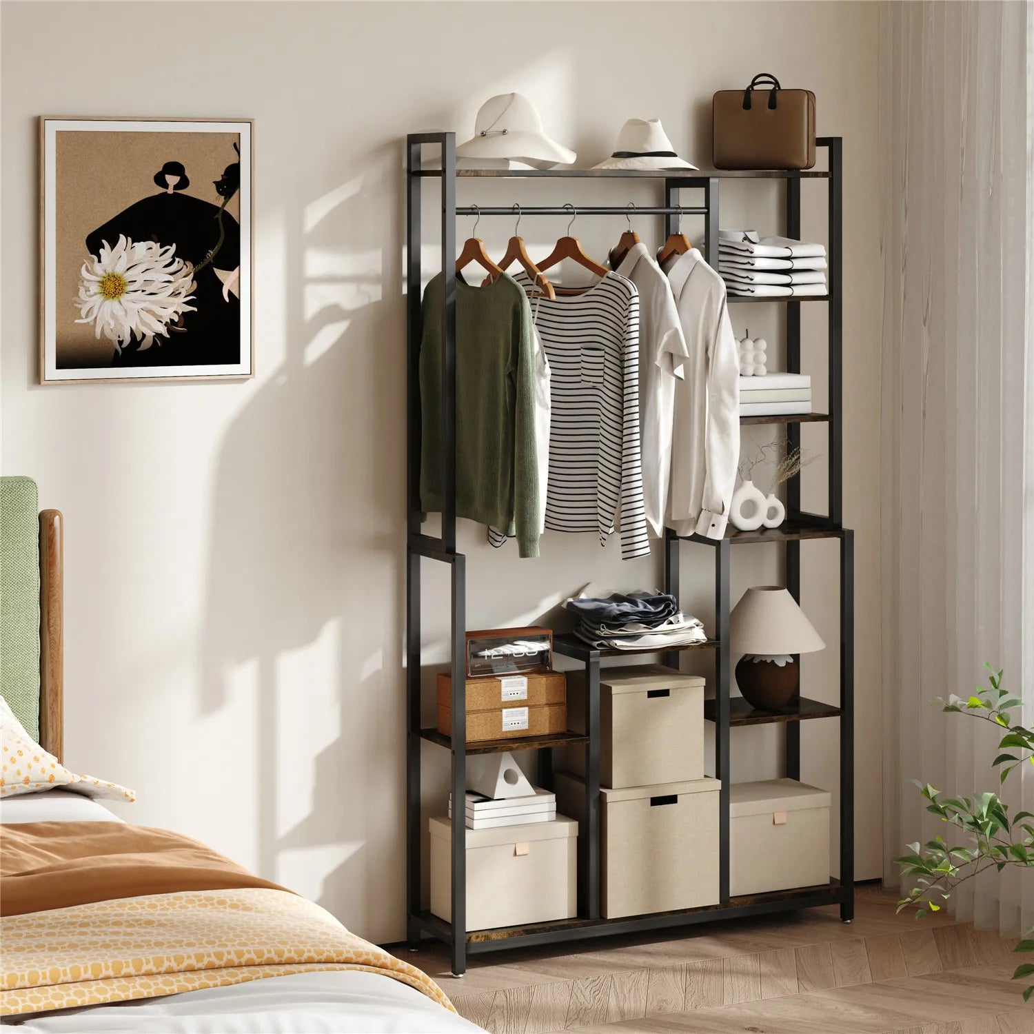 free standing plant hanger Industrial Plant Stand with Hanging Rail (Black/Brown)
