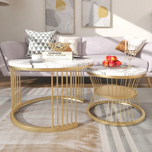 Modernes rundes Couchtisch-Set – Weiße Marmoroptik – 2-teilig