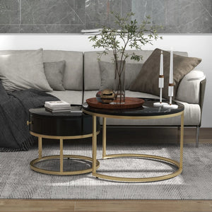 Round Coffee Table Set – Black – Marble Look – 2-Piece – Gold Frame