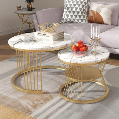 Modernes rundes Couchtisch-Set – Weiße Marmoroptik – 2-teilig