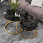 Round Coffee Table Set – Black – Marble Look – 2-Piece – Gold Frame