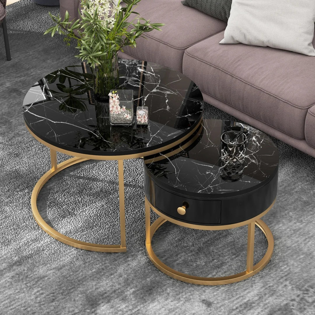 Rundes Couchtisch-Set – Schwarz – Marmoroptik – 2-teilig – Goldrahmen
