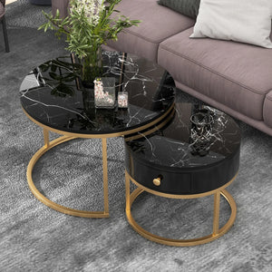 Round Coffee Table Set – Black – Marble Look – 2-Piece – Gold Frame