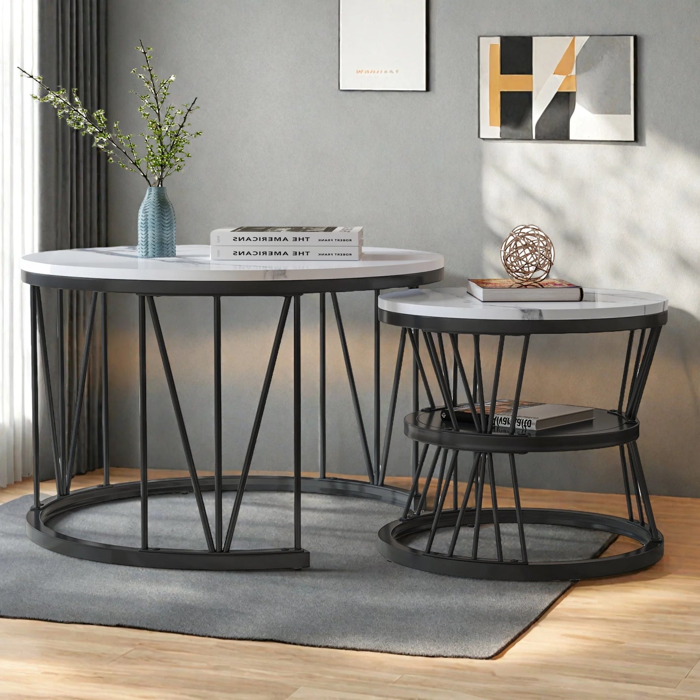 Ronde Nestbare Salontafel Set – Marmerlook – Zwart Frame