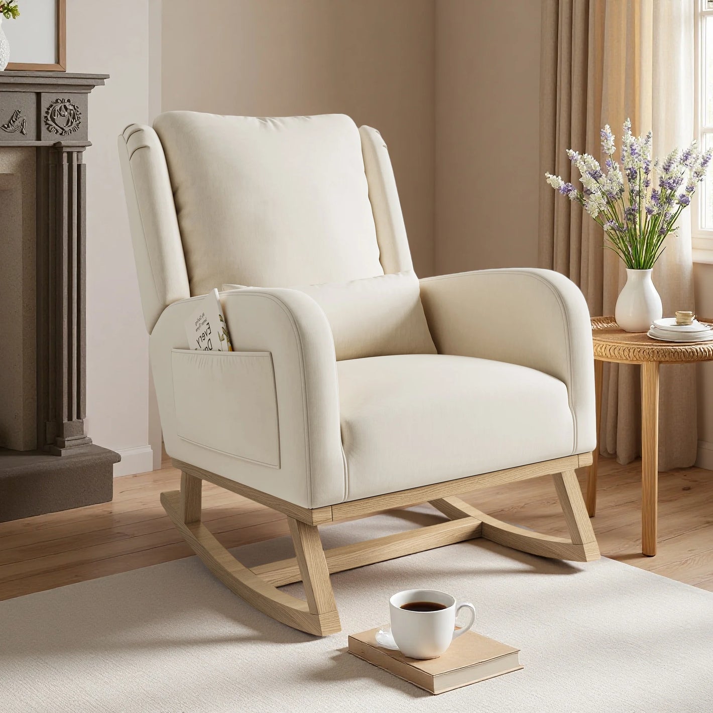 Supermoderner Schaukelstuhl – Beige – Mit Seitentaschen und zusätzlichem Kissen