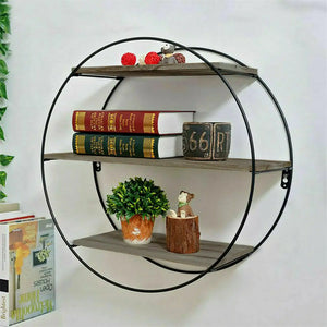 Round Industrial Wall Shelf – 3-Tier Pine & Metal