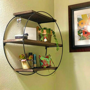 Round Industrial Wall Shelf – 3-Tier Pine & Metal