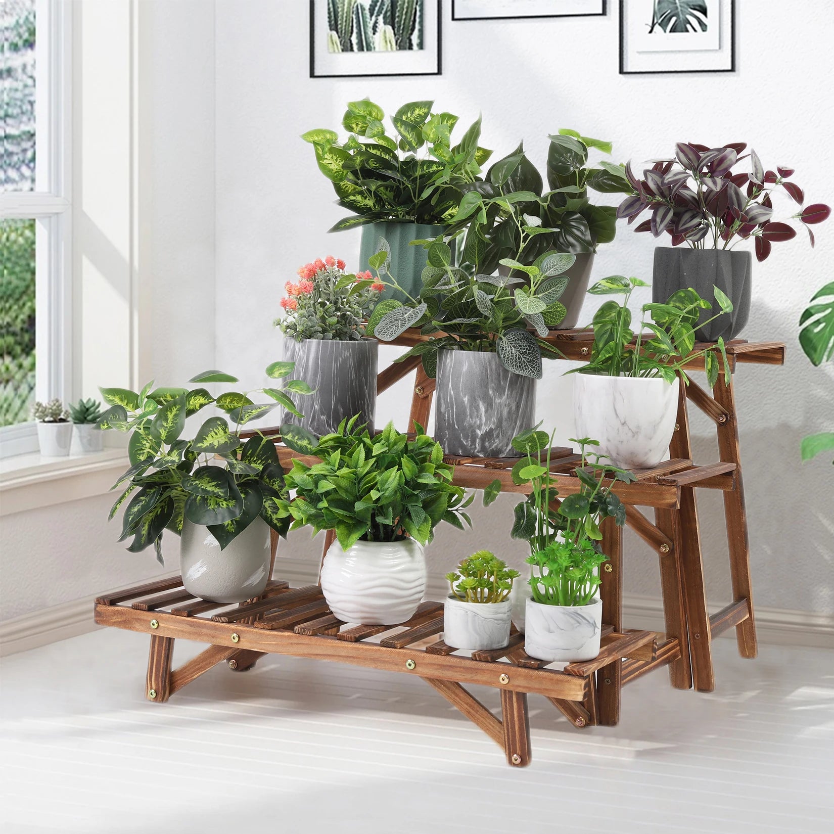 set of 3 indoor plant stands 3-Piece Wooden Plant Stand Set – Pine (Dark Brown)