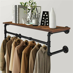 Industrial Wall-Mounted Clothes Rack with Wooden Shelf (Black & Dark Brown)