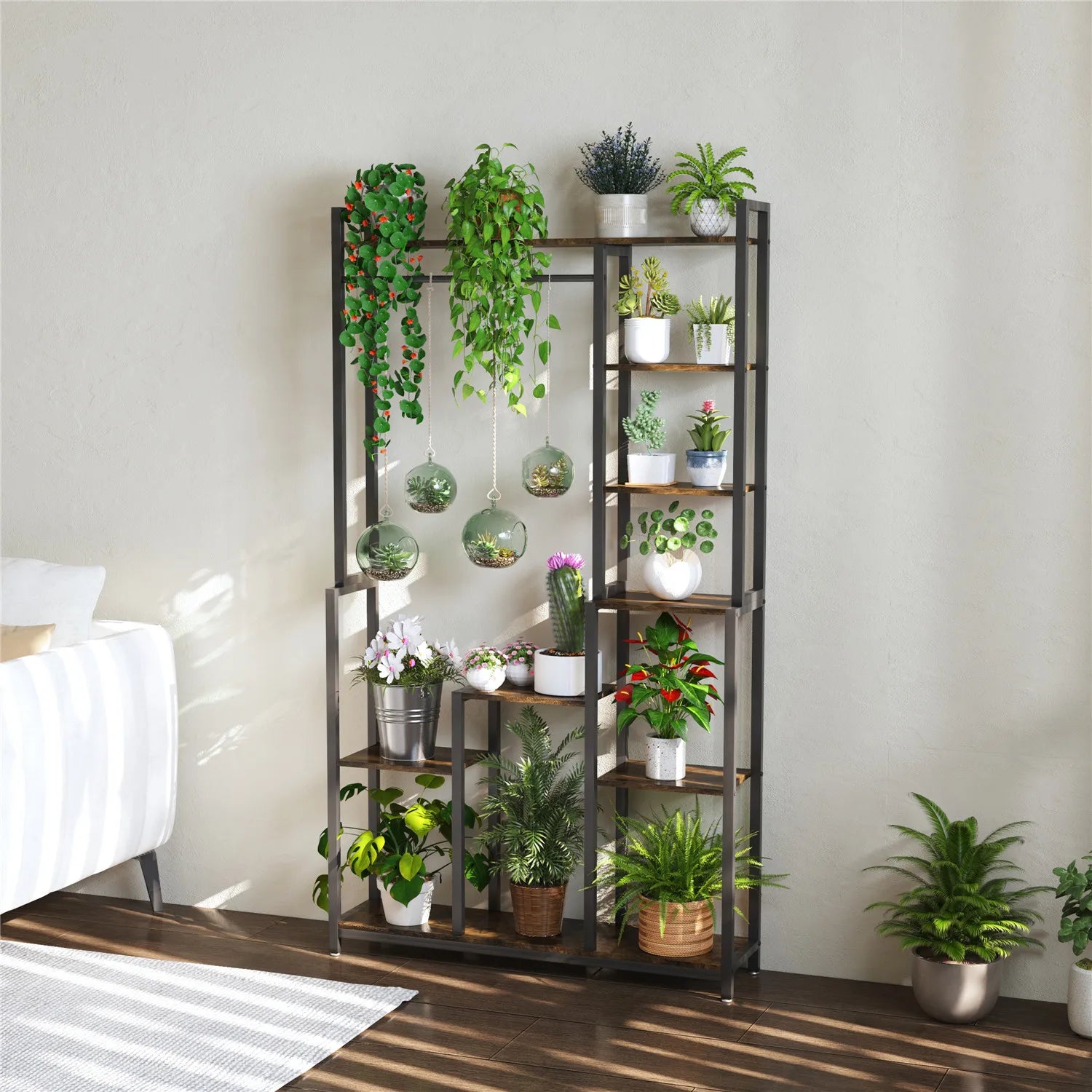 industrial plant stand indoor Industrial Plant Stand with Hanging Rail (Black/Brown)