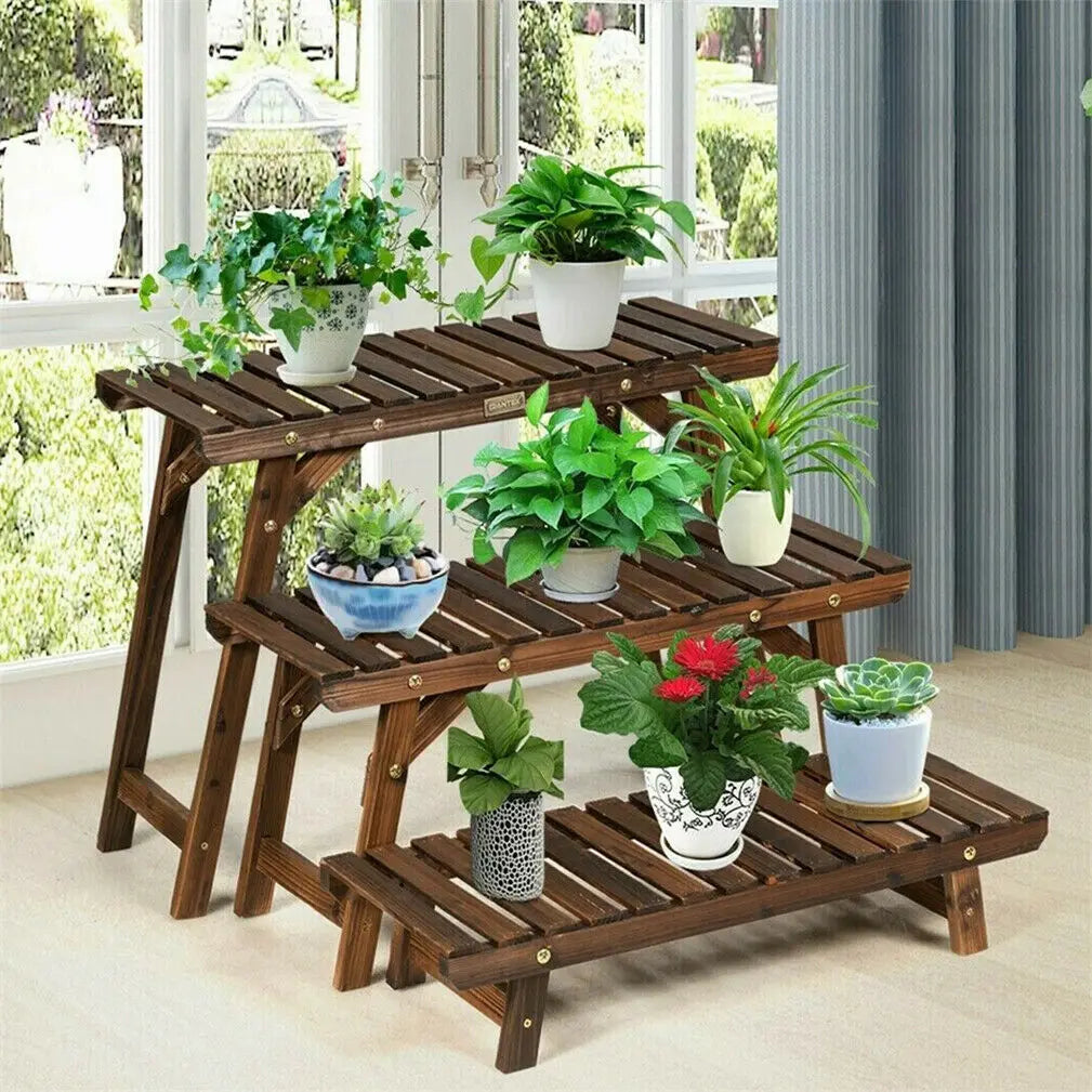 dark wood plant stand indoor 3-Piece Wooden Plant Stand Set – Pine (Dark Brown)