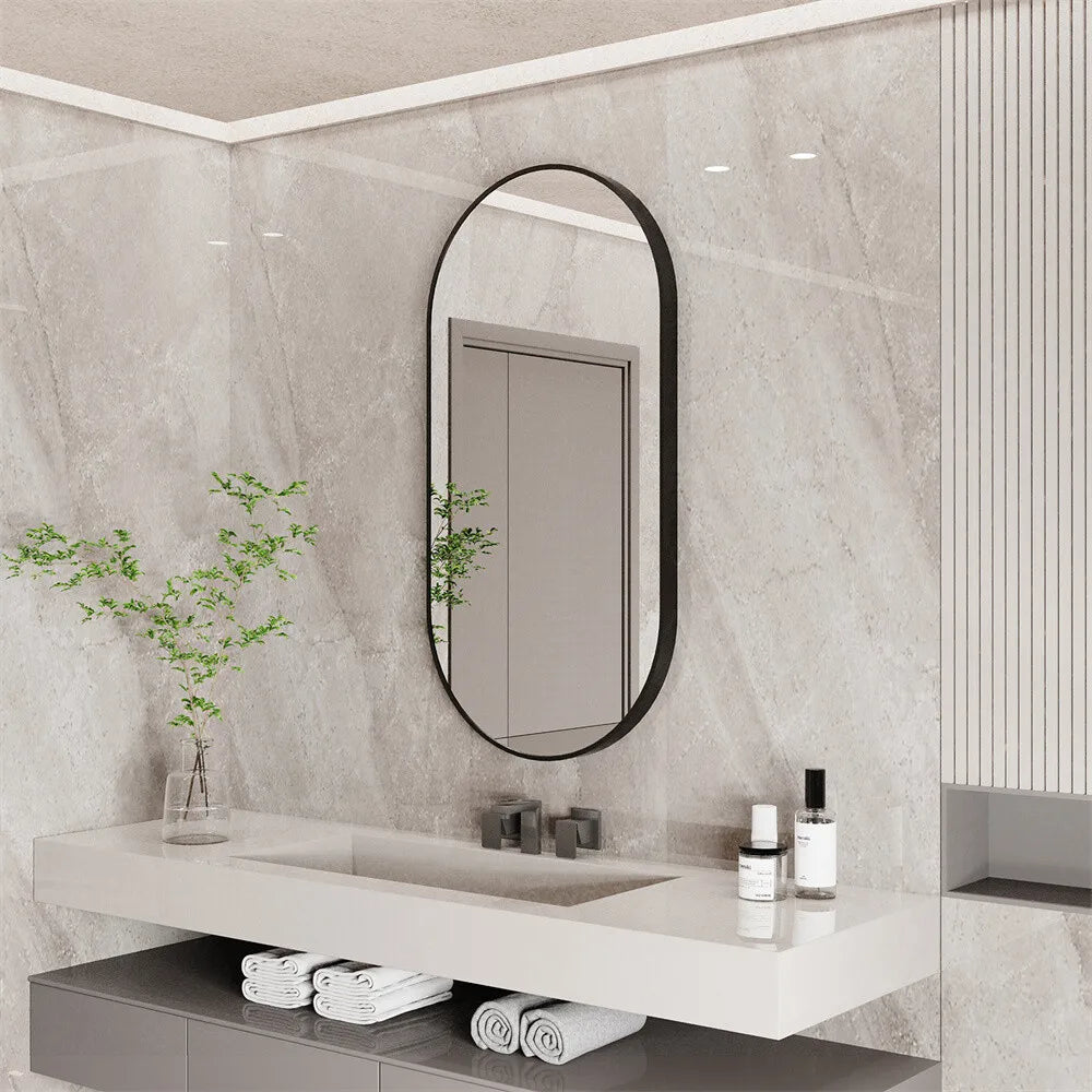 Modern Oval Wall Mirror – Black Aluminum Frame