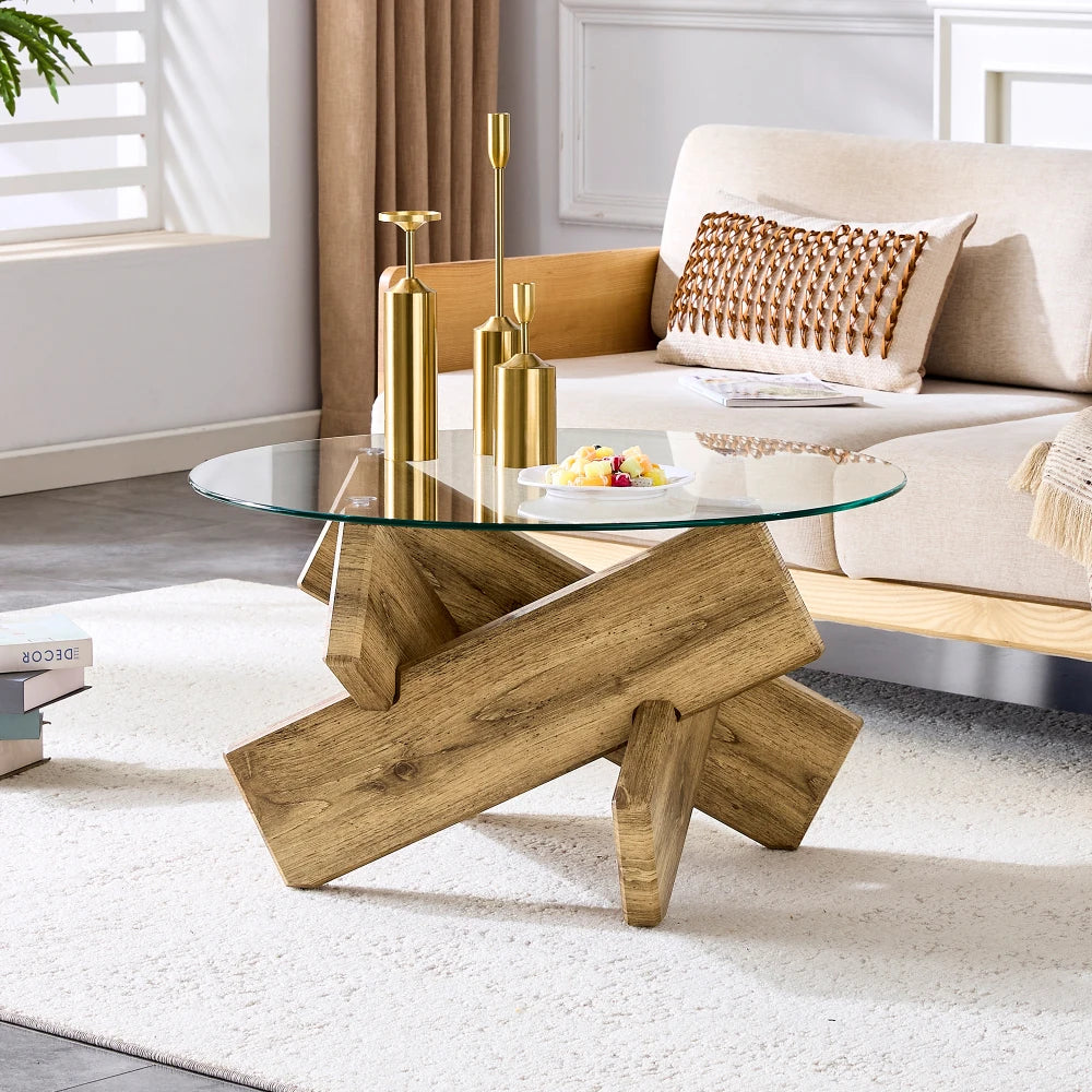 Runder Couchtisch mit Glasplatte – 79 cm – MDF in Holzoptik & Glas