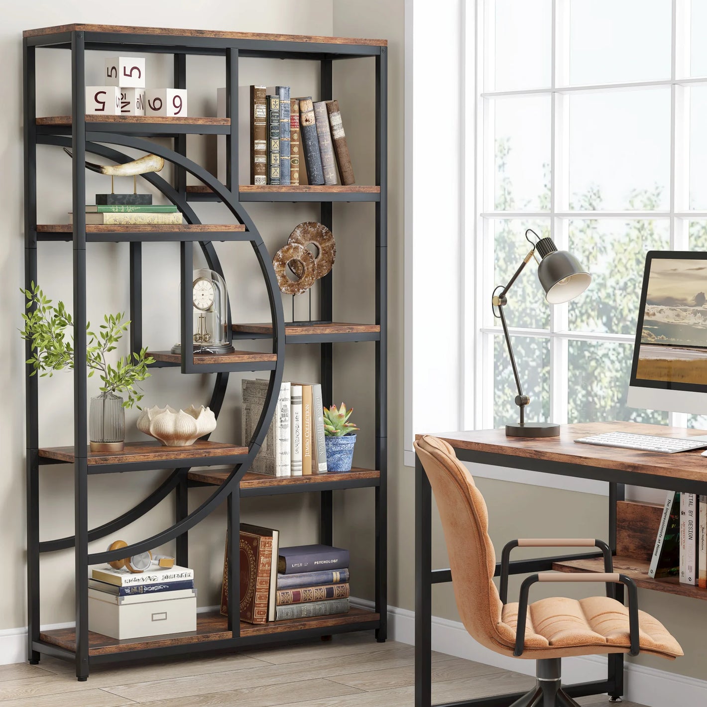 Industrielles Bücherregal im Halbmond-Design – 8/9 Fächer – 95 x 30 x 175 cm