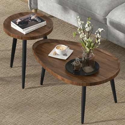 Set of 2 Oval Coffee Tables – Walnut MDF & Black Metal (Neoclassical)