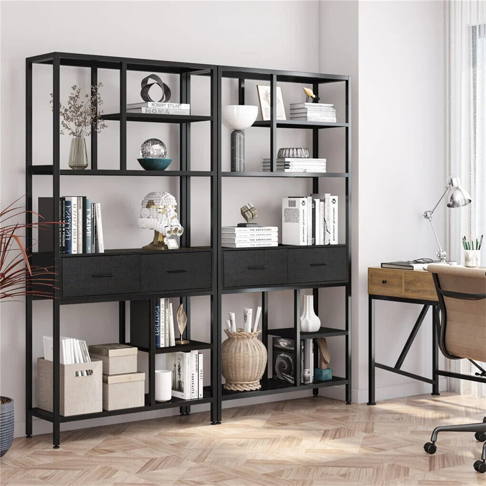 Industrielles Bücherregal mit 5 Ebenen und 2 Schubladen