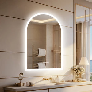 Bogenförmiger LED-Badezimmerspiegel – 60 x 90 cm – mit Touch-Bedienung, Antibeschlagfunktion und Display