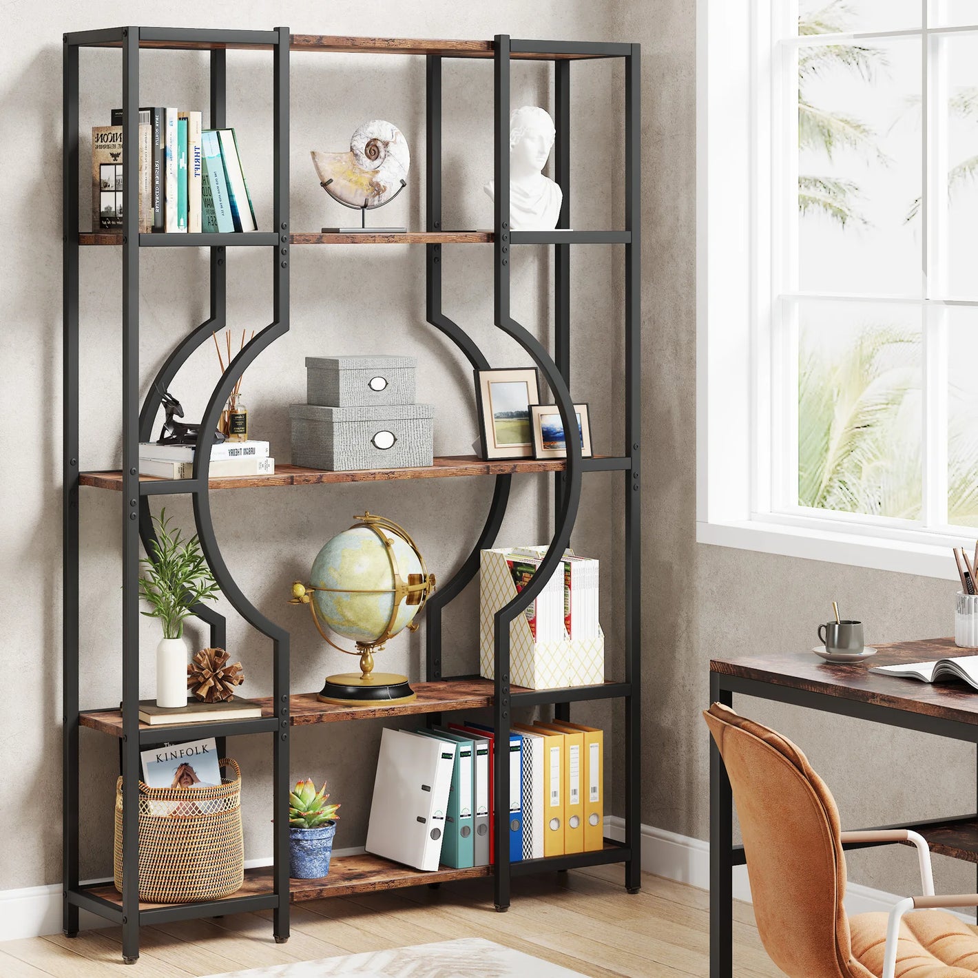 Industrielles 5-stöckiges Bücherregal – Geometrisches Design (Metall & rustikales Holz)