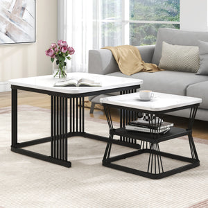 Modernes 2-teiliges Couchtisch-Set – Weiße Marmoroptik – Schwarzes Stahlgestell