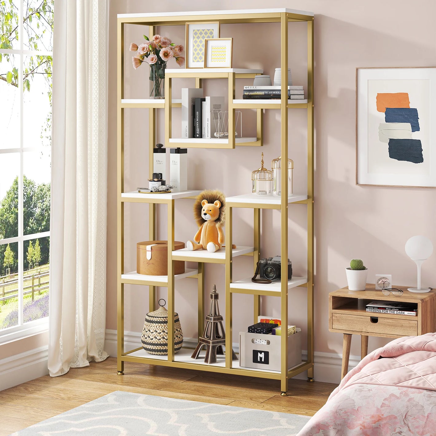 Modernes geometrisches Bücherregal – Gold & Weiß (100 × 30 × 180 cm) 