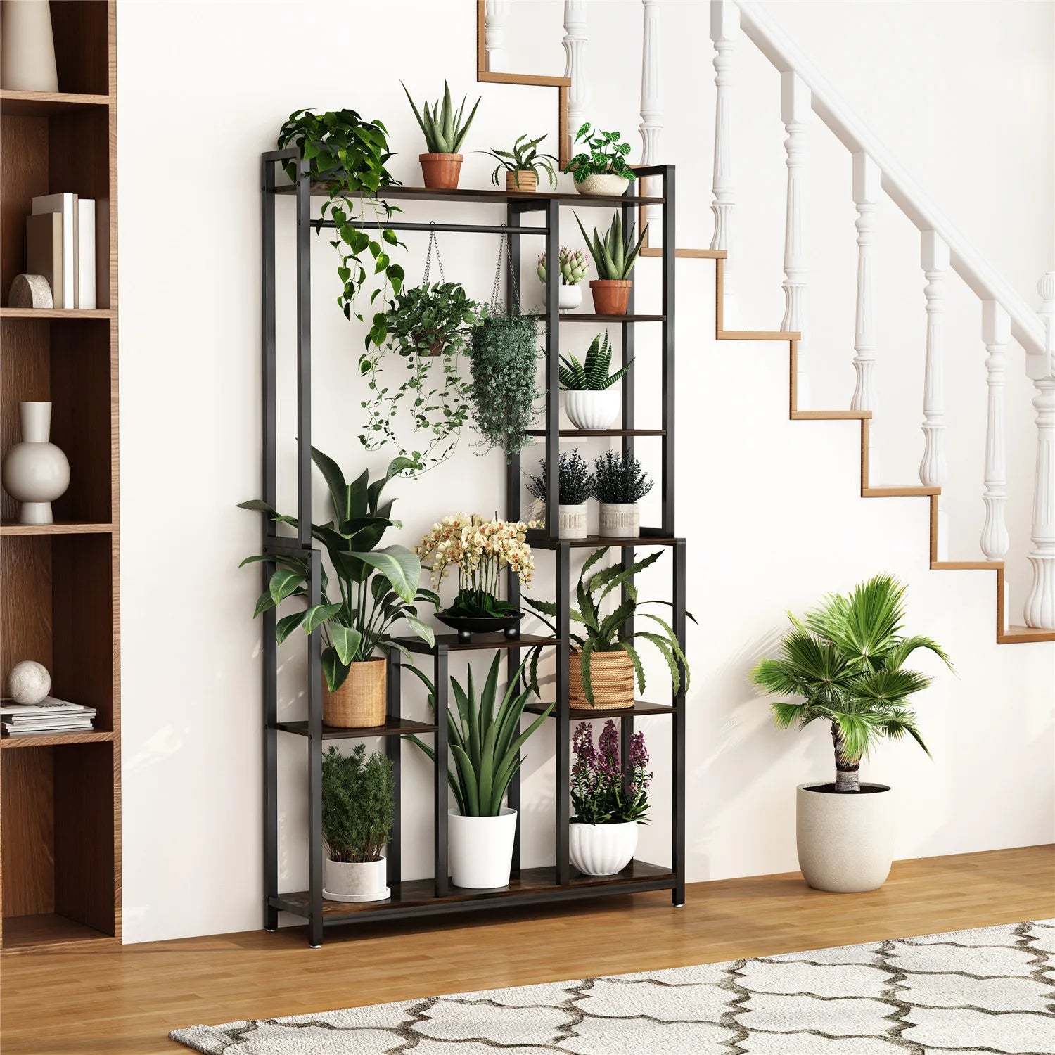 plant hanging rail Industrial Plant Stand with Hanging Rail (Black/Brown)