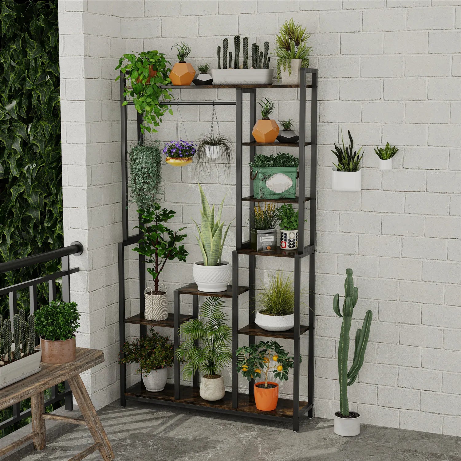 hanging plant floor stand Industrial Plant Stand with Hanging Rail (Black/Brown)