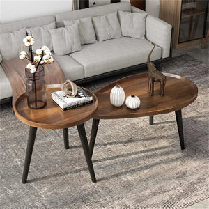 Set of 2 Oval Coffee Tables – Walnut MDF & Black Metal (Neoclassical)