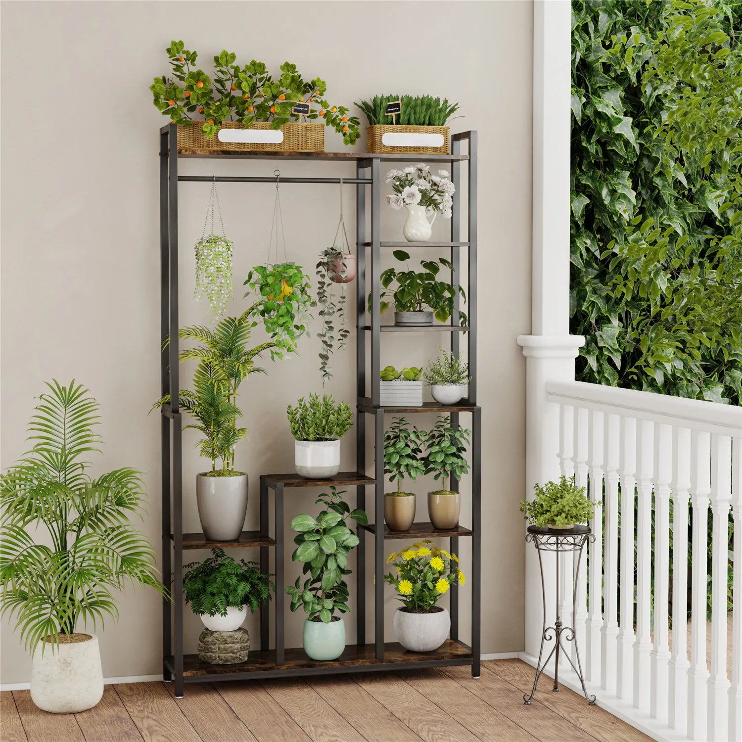 plant hanging rail Industrial Plant Stand with Hanging Rail (Black/Brown)