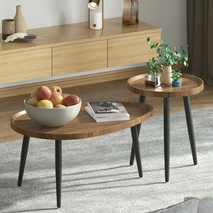 Set of 2 Oval Coffee Tables – Walnut MDF & Black Metal (Neoclassical)