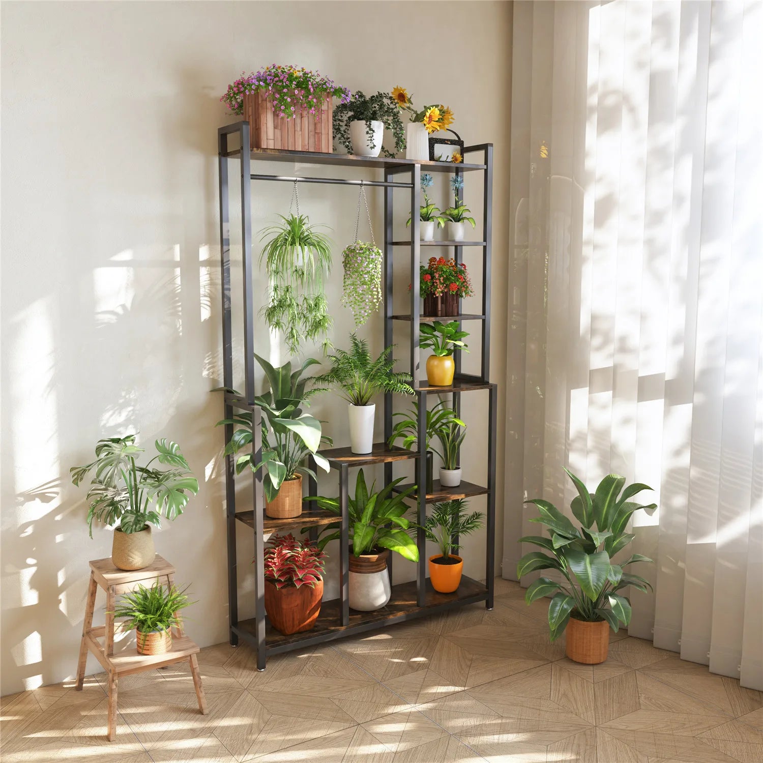 metal hanging rack for plants Industrial Plant Stand with Hanging Rail (Black/Brown)