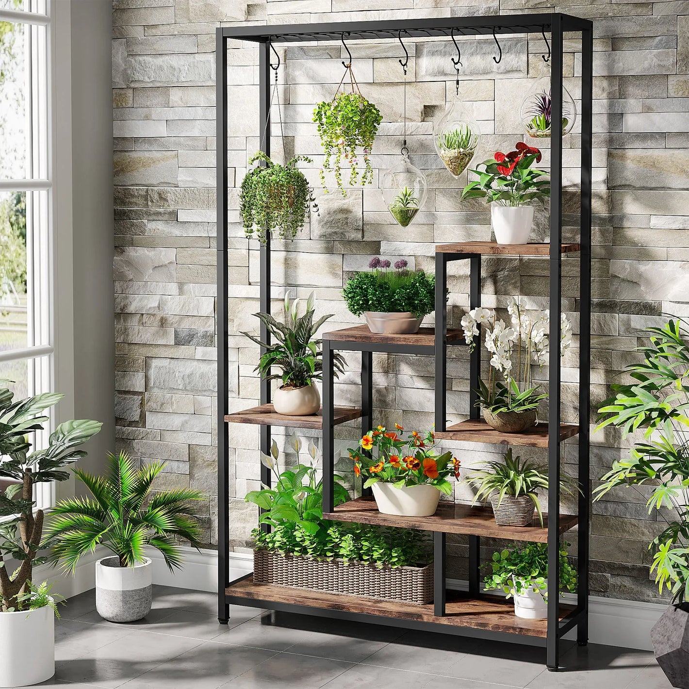 5-stufiger Schrank mit Pflanzenregal – Leiterdesign mit 7 Ablagen und S-Haken