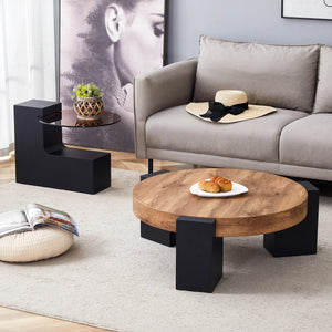 Round Coffee Table Set – 2 Tiers – Glass & Wood Look – Modern Design