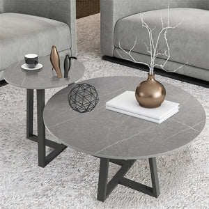 Set of 2 Round Nesting Tables – Sintered Stone & Black Metal