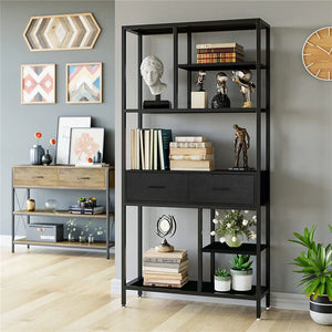Industrial Bookcase with 5 Tiers and 2 Drawers