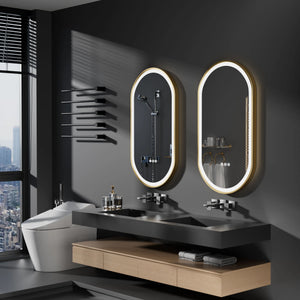 Oval LED Bathroom Mirror – Gold Frame, Anti-Fog & 3 Light Colors 