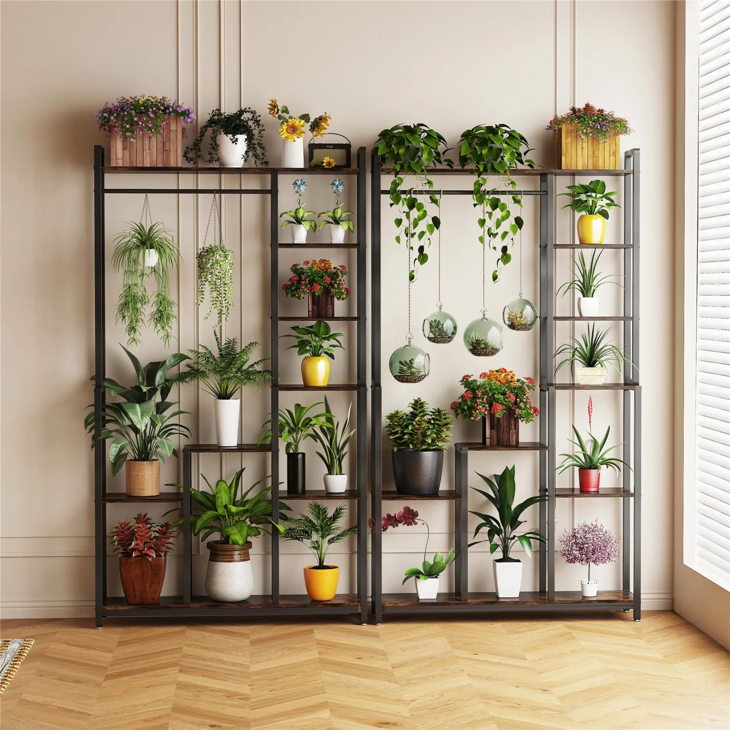 commercial hanging plant racks Industrial Plant Stand with Hanging Rail (Black/Brown)
