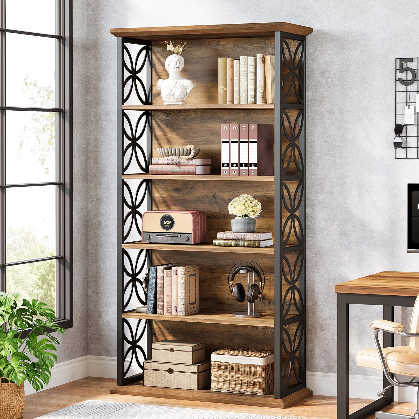 Schmale Industrie-Bücherwand mit Schrank – 6 Ebenen (32 × 32 × 180 cm)