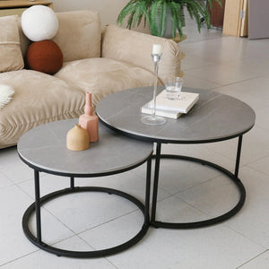Set of 2 Round Nesting Coffee Tables – Sintered Stone & Metal (Black/Dark Grey)