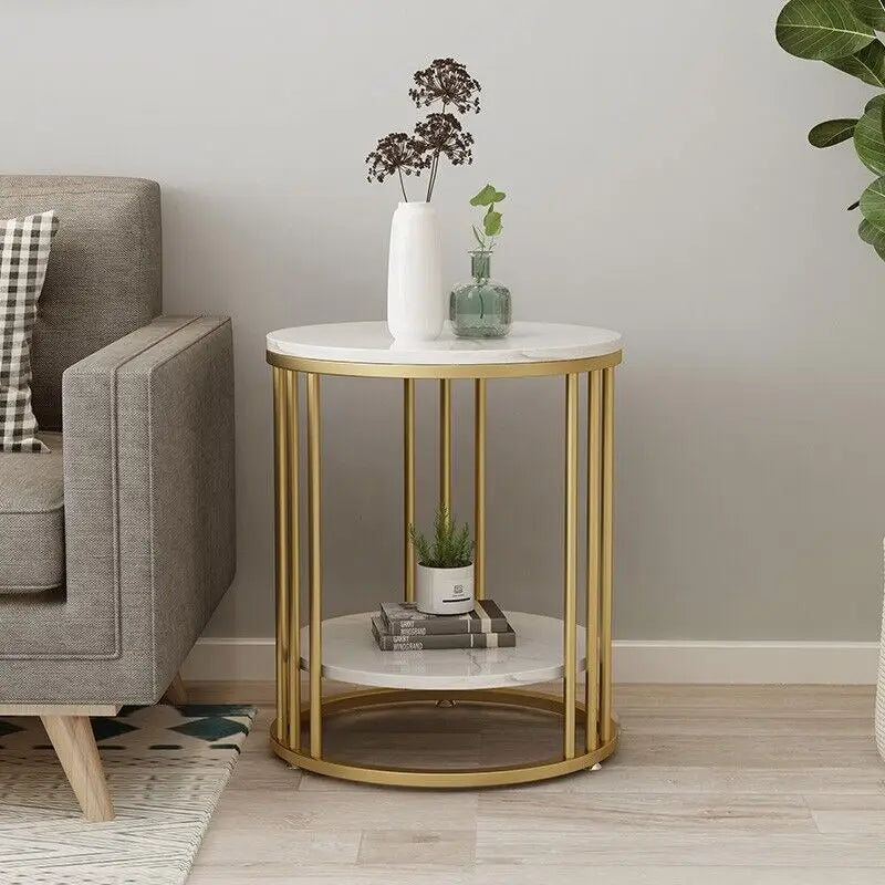 Ronde Bijzettafel met Sintered Stone Blad – Goud & Wit