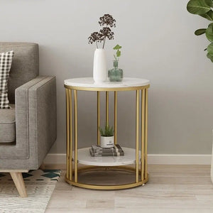Round Side Table with Sintered Stone Top – Gold & White