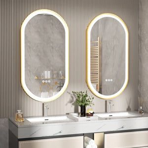 Oval LED Bathroom Mirror – Gold Frame, Anti-Fog & 3 Light Colors 