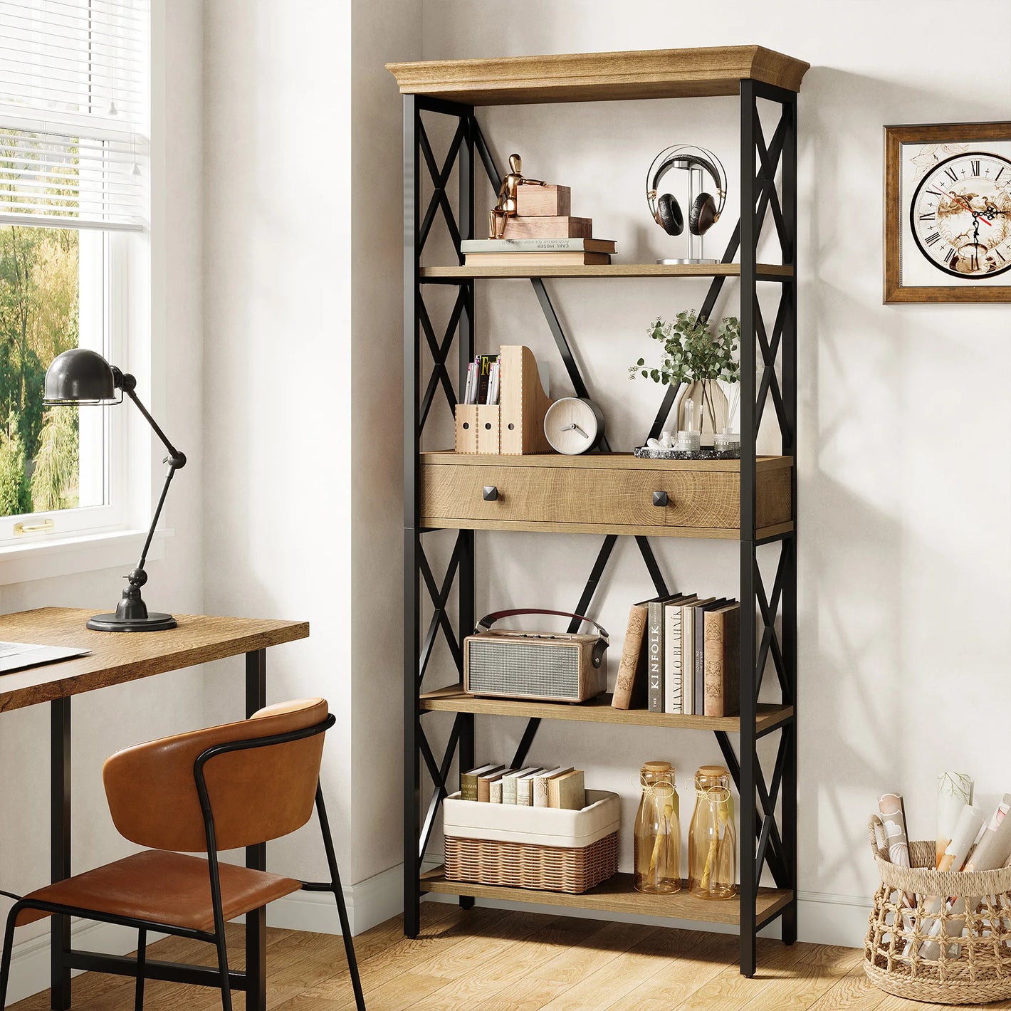 Industrielles 4-stöckiges Bücherregal mit Schubladen – X-Rahmen-Design (80 × 35 × 180 cm) 
