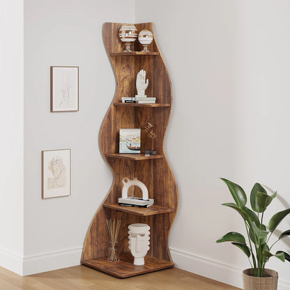 Vintage 5-Tier Corner Bookcase – Brown Design with a Natural Look