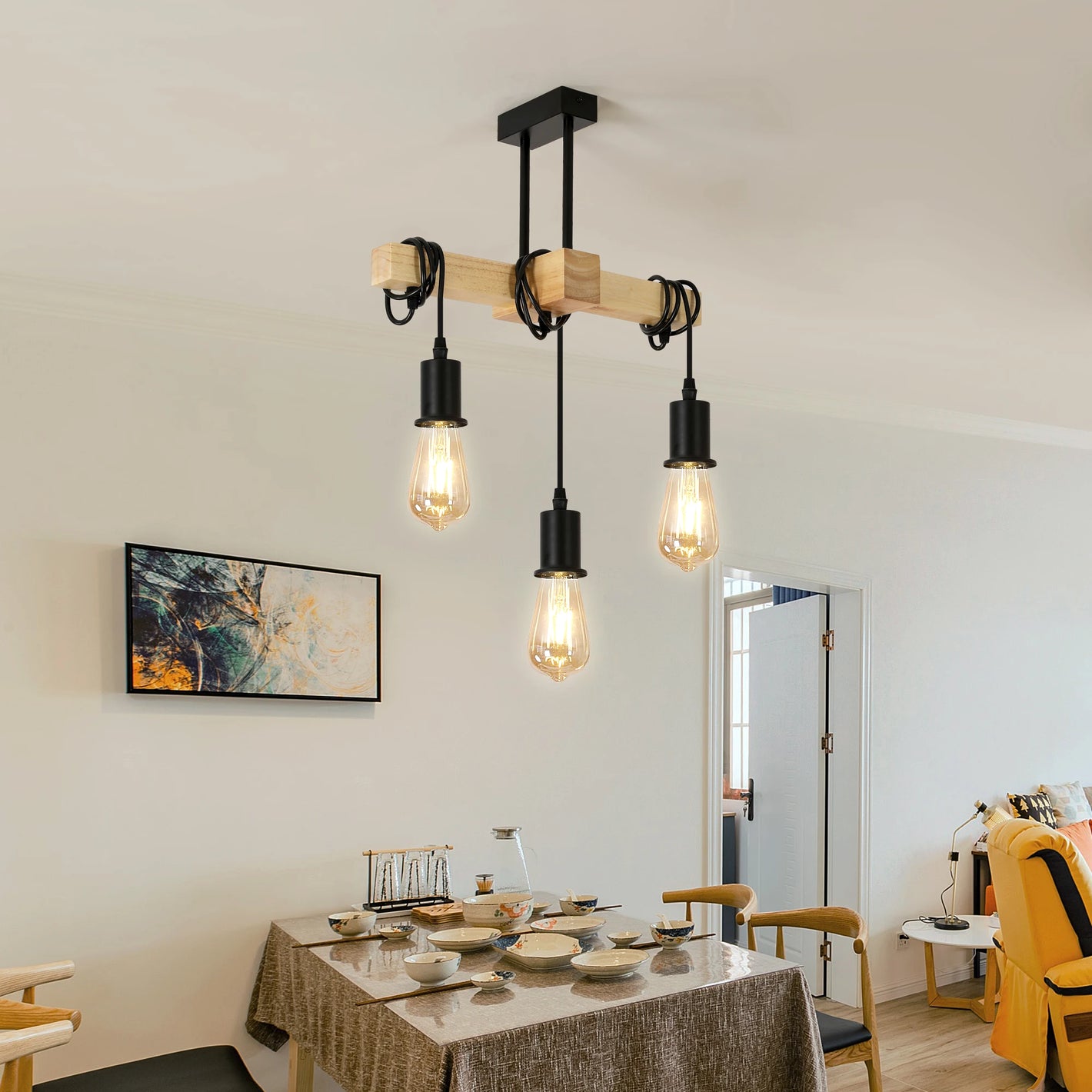 Vintage 3-Light Pendant Lamp – Wood & Metal (E27, Adjustable) 