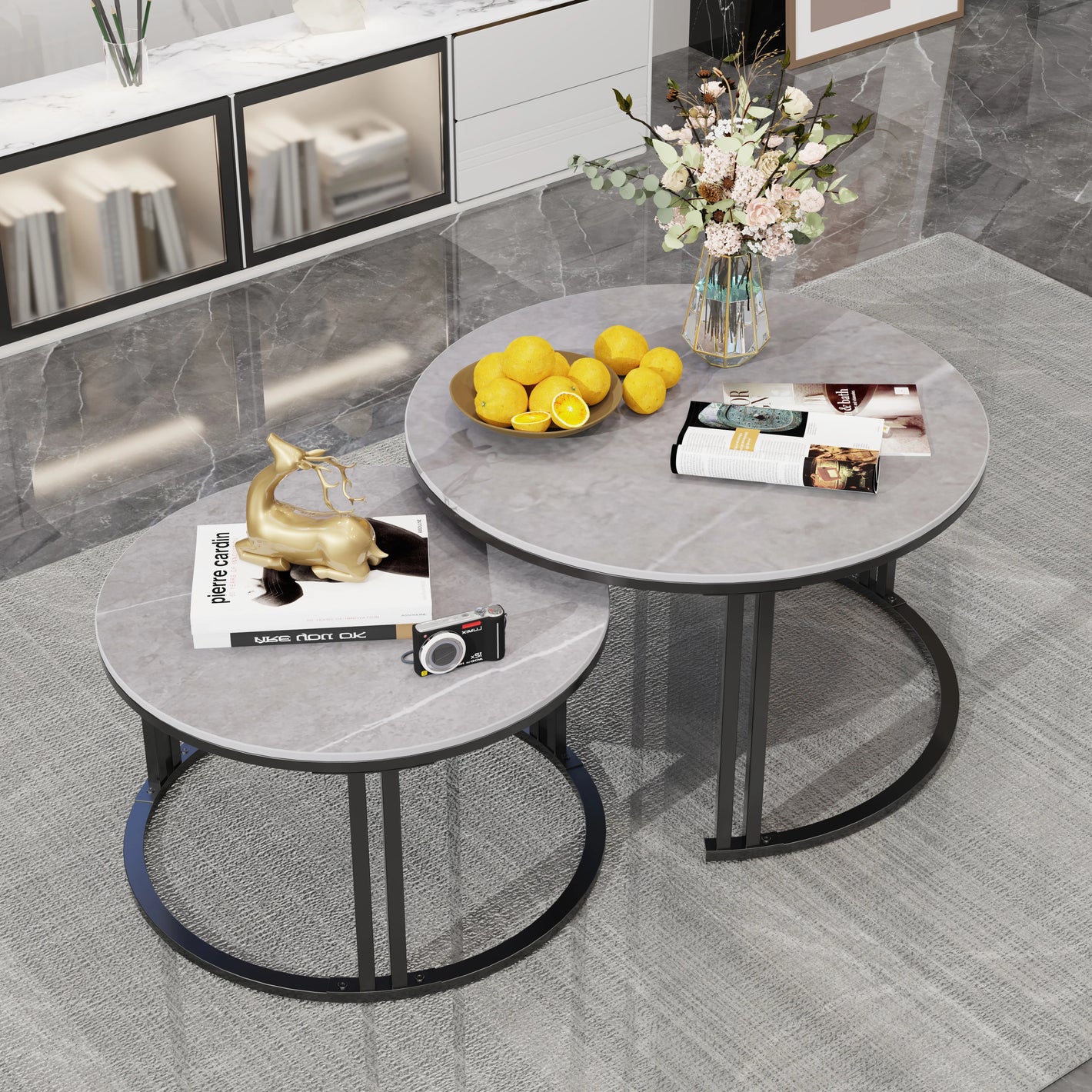 Set of 2 Round Coffee Tables – Sintered Stone & Metal (Nested Design)
