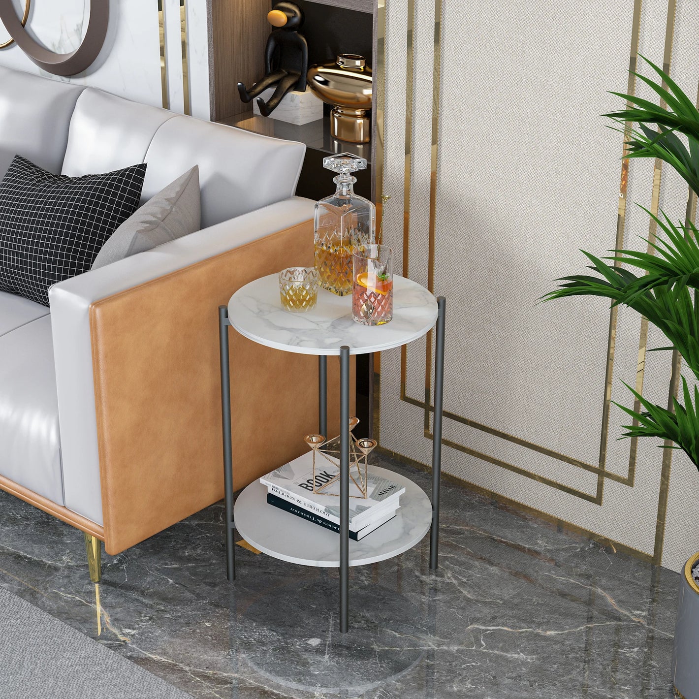 Round Side Table – Sintered Stone & Black Metal