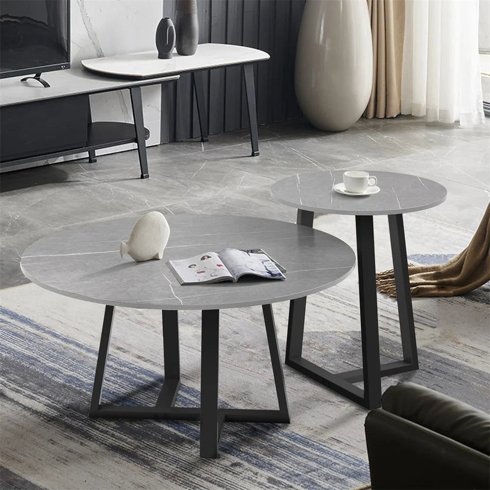 Set of 2 Round Nesting Tables – Sintered Stone & Black Metal