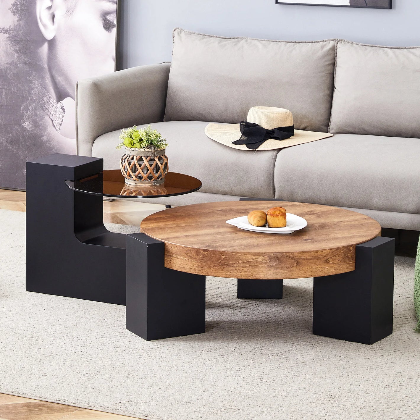 Ronde Salontafel Set – 2 Niveaus – Glas &Houtlook – Modern Design