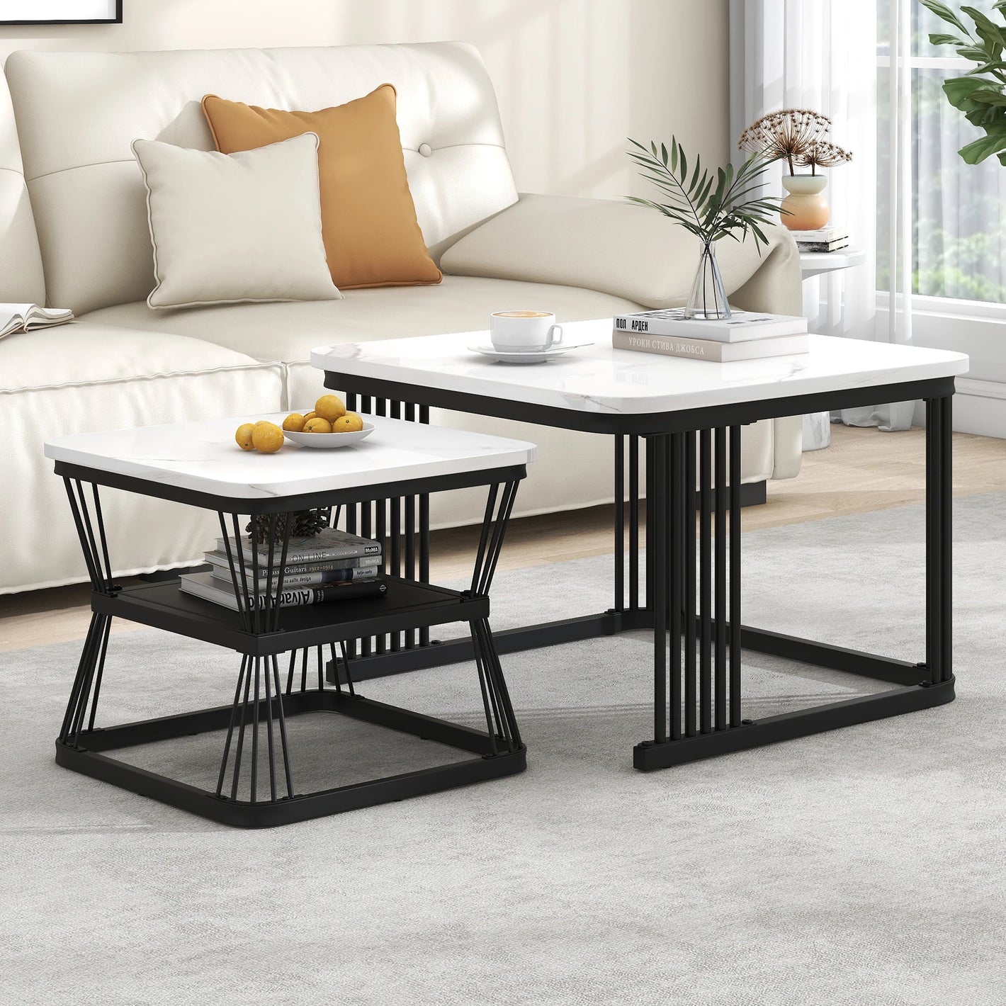 Modernes 2-teiliges Couchtisch-Set – Weiße Marmoroptik – Schwarzes Stahlgestell